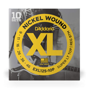 D'Addario EXL125-10P Nickel Wound Electric Guitar Strings, Super Light Top/Regular Bottom, 09-46, 10 Sets