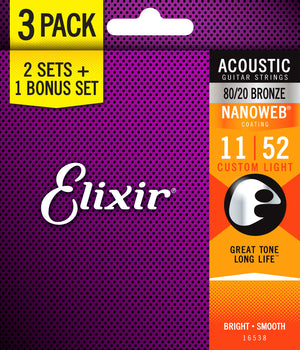 Elixir Acoustic Strings 3 Pack - 80/20 Bronze Custom Lite 11-52