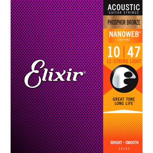 Elixir Acoustic Guitar Strings - 12-String Nanoweb Phosphor Bronze Light 10-47