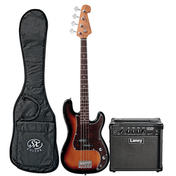SX VEP34TS-PK2 Bass Guitar Short Scale 3/4 Size - 3-Tone Sunburst with Gig Bag & Amplifier