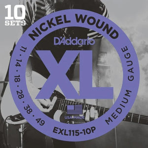 D'Addario EXL115-10P Nickel Wound Electric Guitar Strings, Medium/Blues-Jazz Rock, 11-49, 10 Sets