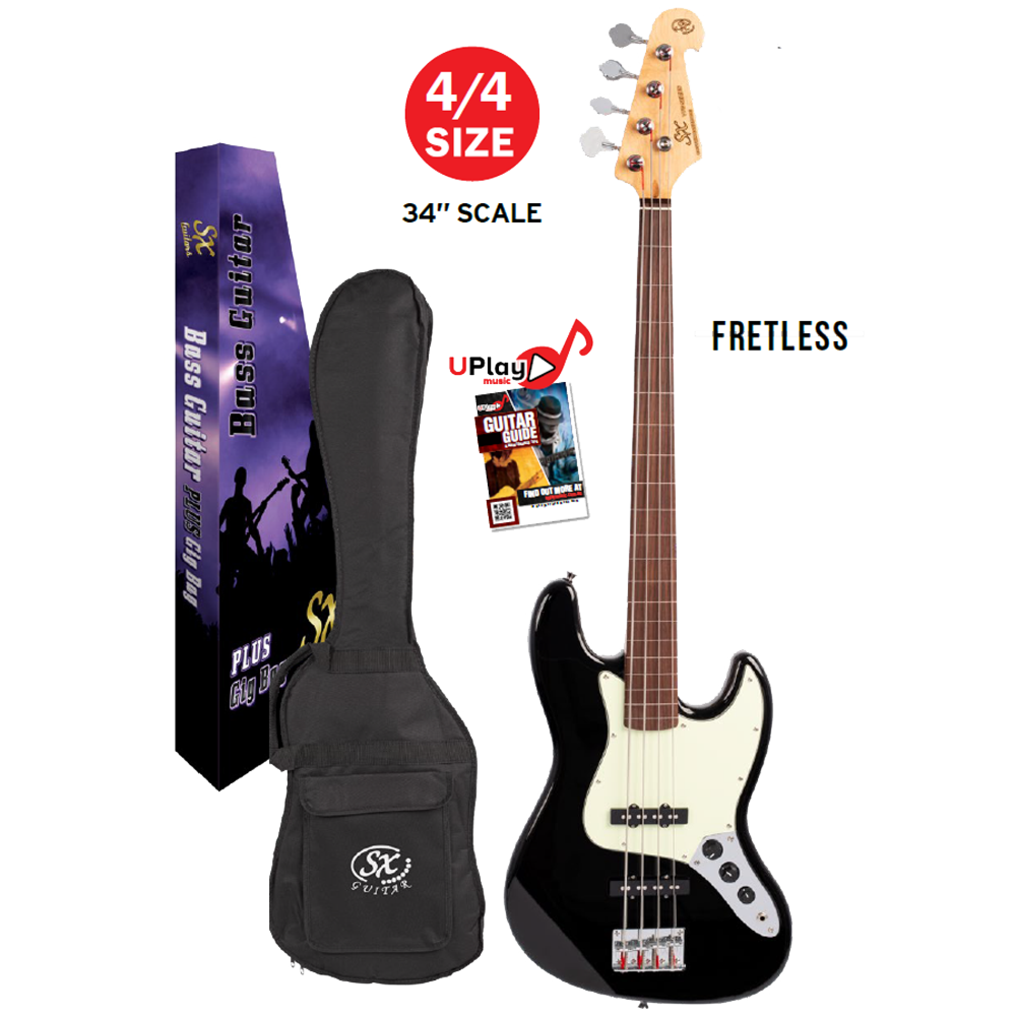 SX VEJ62FB Vintage Style Fretless J Bass in Black