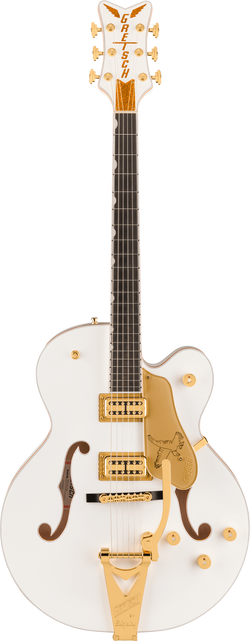 Gretsch Falcon Hollow Body with String-Thru Bigsby and Gold Hardware, Ebony Fingerboard, White, Vertical Front Photo