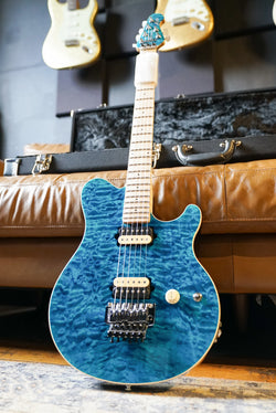 Music Man 30th Anniversary Axis - Translucent Blue Quilt Top/Black Blue Sparkle Back - Figured Maple Neck/Matching Headstock