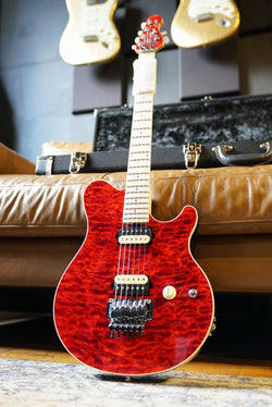 Music Man 30th Anniversary Axis - Translucent Red Quilt Top/Black Red Sparkle Back - Figured Maple Neck/Matching Headstock
