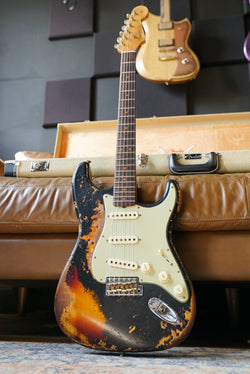 Pre-Owned Fender Custom Shop 1963 Stratocaster Super Heavy Relic , 3A Rosewood Fingerboard, Super Faded Aged Black over 3-Colour Sunburst 