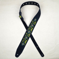 Colonial Leather Double Embroidered Suede Strap - Flower and Leaves Black