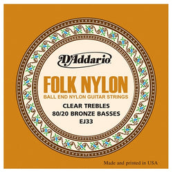 D'Addario EJ33 Folk Nylon Guitar Strings, Ball End, 80/20 Bronze/Clear Nylon Trebles