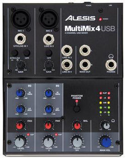 Alesis MultiMix 4 USB is a four-channel desktop mixer with a USB digital audio interface built in
